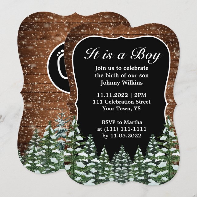 Invitación Nacimiento De Niño Nacido En Pino De Madera De Mad (Anverso / Reverso)