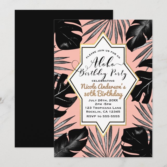 Invitación Nacimiento de oro de hojas tropicales negras y pra (Anverso / Reverso)