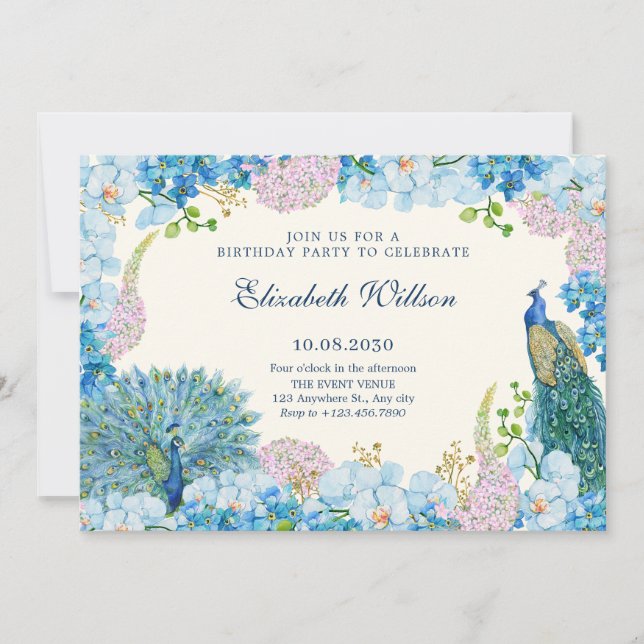 Invitación Nacimiento de orquesa de flores azules (Anverso)