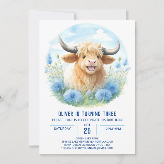 Invitación Nacimiento de picnic de Highland Cow Boy (Anverso)