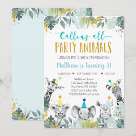 Invitación Nacimiento de Safari Animal Fiesta de Oro Azul