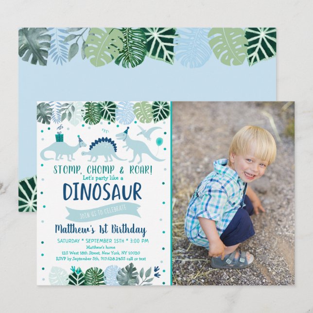 Invitación Nacimiento de Safari de Dinosaurio Azul (Anverso / Reverso)
