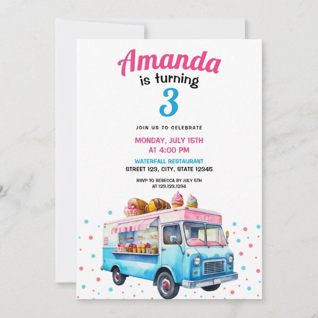 Invitación Nacimiento de un camión con crema de hielo rosa y  (Anverso)