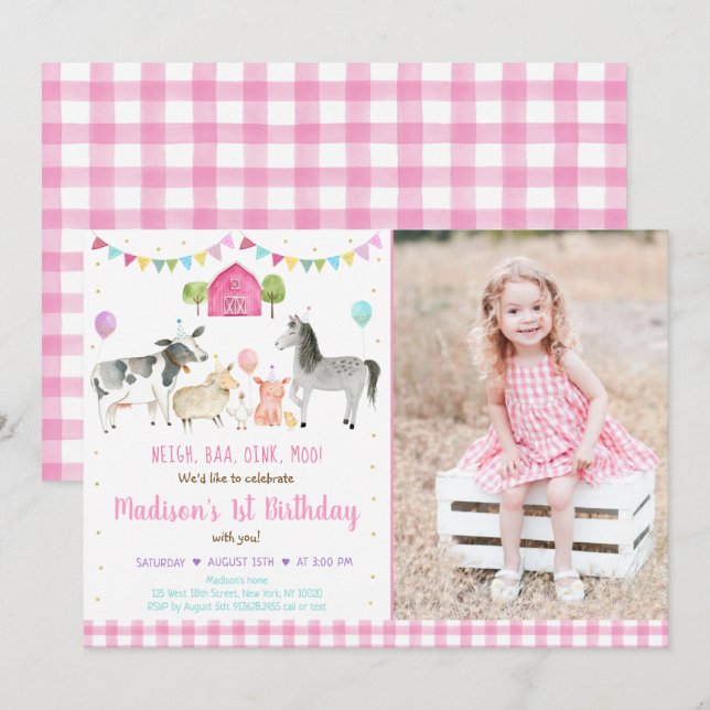 Invitación Nacimiento de un globo de oro rosado para animales (Anverso / Reverso)
