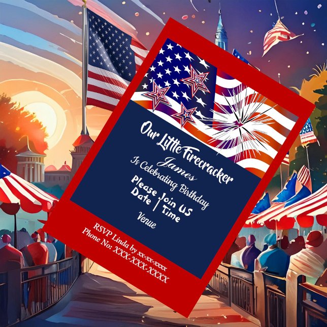 Invitación Nacimiento de un incendiario patriótico estadounid (Patriotic American Flag Firecracker Birthday Boy Invitation)