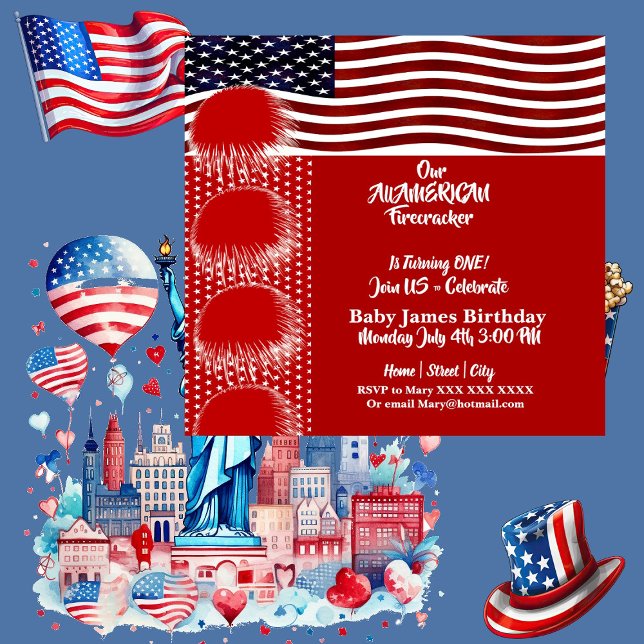 Invitación Nacimiento de un incendiario patriótico estadounid (Patriotic American Flag Firecracker Birthday Boy Invitation)
