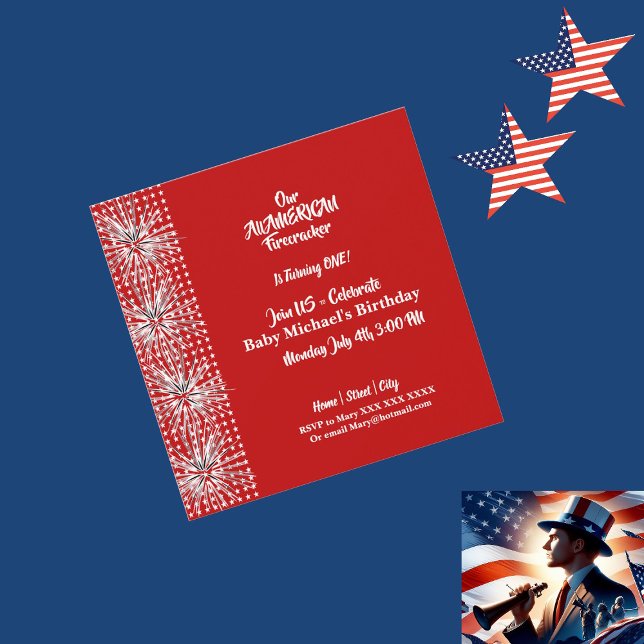 Invitación Nacimiento de un incendiario patriótico estadounid (Patriotic American Flag Firecracker Birthday Boy Invitation)