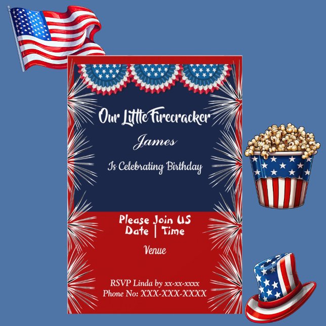 Invitación Nacimiento de un luchador por la independencia pat (Patriotic Independence Firecracker Birthday Boy Invitation)