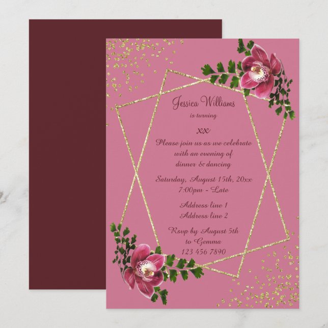 Invitación Nacimiento de una mujer floral, Purpurina y confet (Anverso / Reverso)