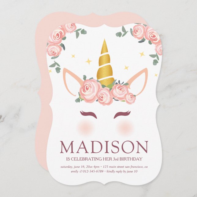 Invitación Nacimiento de unicornio floral moderno (Anverso / Reverso)