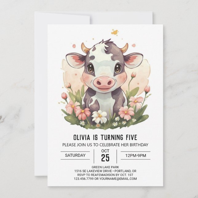 Invitación Nacimiento de vaca pastel con encanto rosa (Anverso)