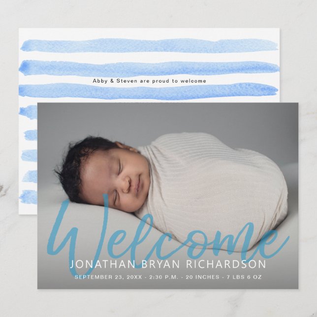 Invitación Nacimiento del bebé azul de una foto de bienvenida (Anverso / Reverso)