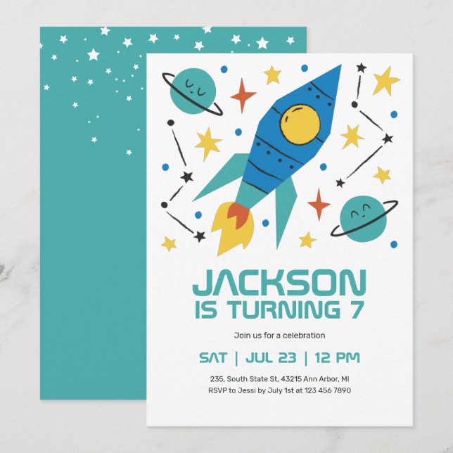 Invitación Nacimiento del buque de cohetes Fiesta del espacio (Anverso / Reverso)
