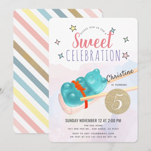 Invitación Nacimiento del Chica Blue Gummy Bear Candy Sushi (Anverso / Reverso)