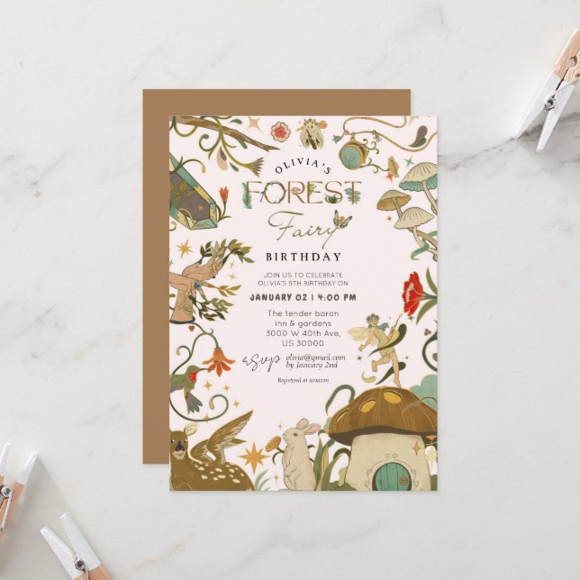 Invitación Nacimiento del chica del hada del bosque de Mushro (Anverso/Reverso In Situ)