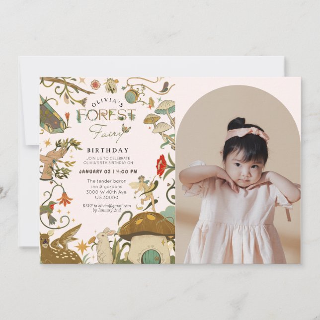 Invitación Nacimiento del chica del hada del bosque de Mushro (Anverso)