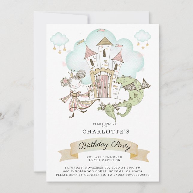 Invitación Nacimiento del Chica Dragón Princesa Castillo de A (Anverso)