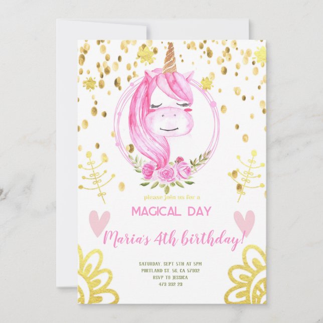 Invitación Nacimiento del Chica Gold Confetti de Unicornio ro (Anverso)