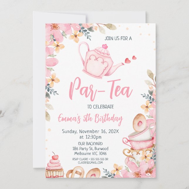 Invitación Nacimiento del Fiesta de té floral de teapot rosad (Anverso)