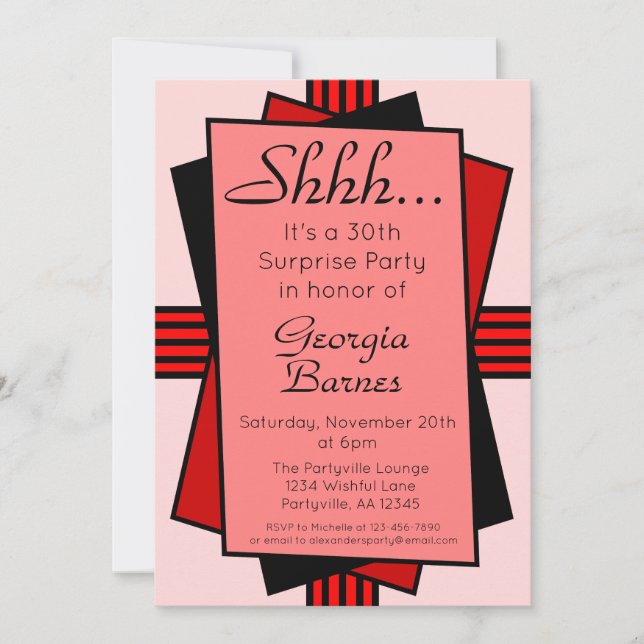 Invitación Nacimiento del Fiesta Sorpresa de Art Deco Rojo (Anverso)