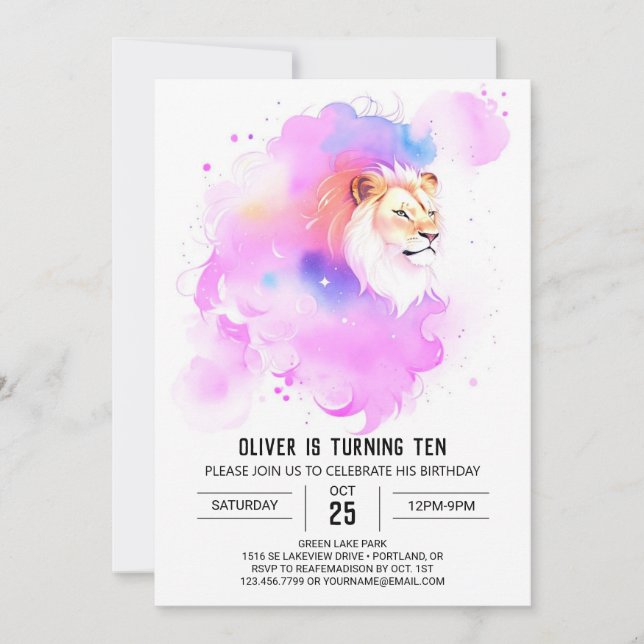 Invitación Nacimiento del león Pastel Safari (Anverso)