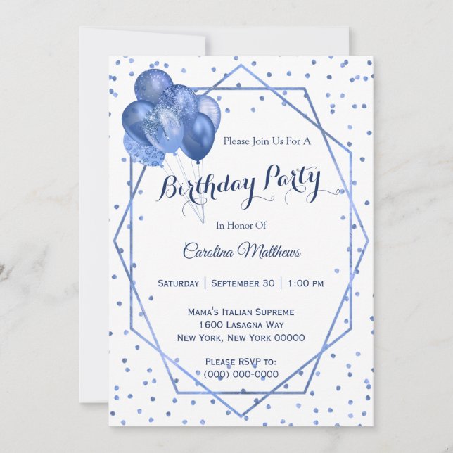 Invitación Nacimiento del marco de los globos Purpurinas azul (Anverso)
