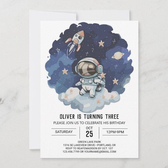 Invitación Nacimiento del niño astronauta moderno del cohete  (Anverso)