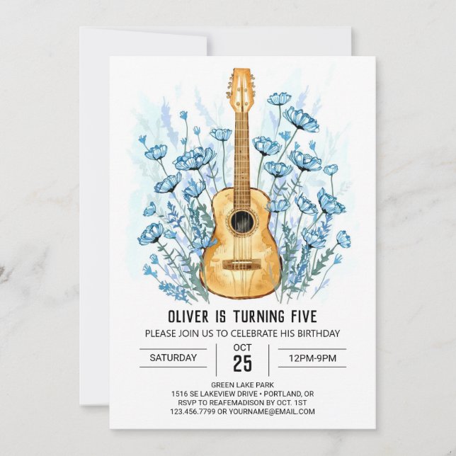 Invitación Nacimiento del niño de guitarra acústica (Anverso)