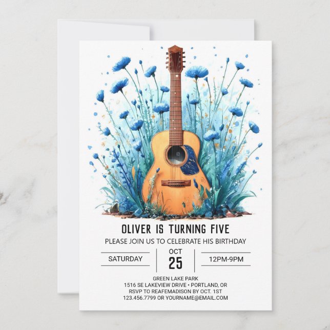 Invitación Nacimiento del niño de guitarra pastel de un músic (Anverso)