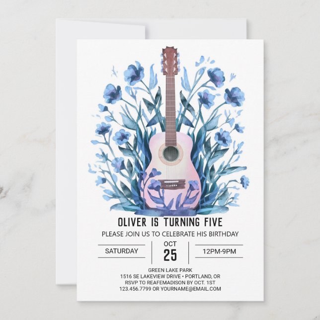 Invitación Nacimiento del niño de la guitarra azul mágica mus (Anverso)