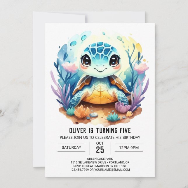 Invitación Nacimiento del niño de la tortuga acuática Pastel  (Anverso)