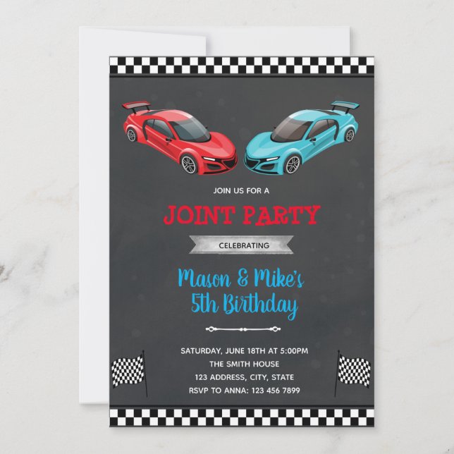 Invitación Nacimiento del niño del coche de carreras (Anverso)