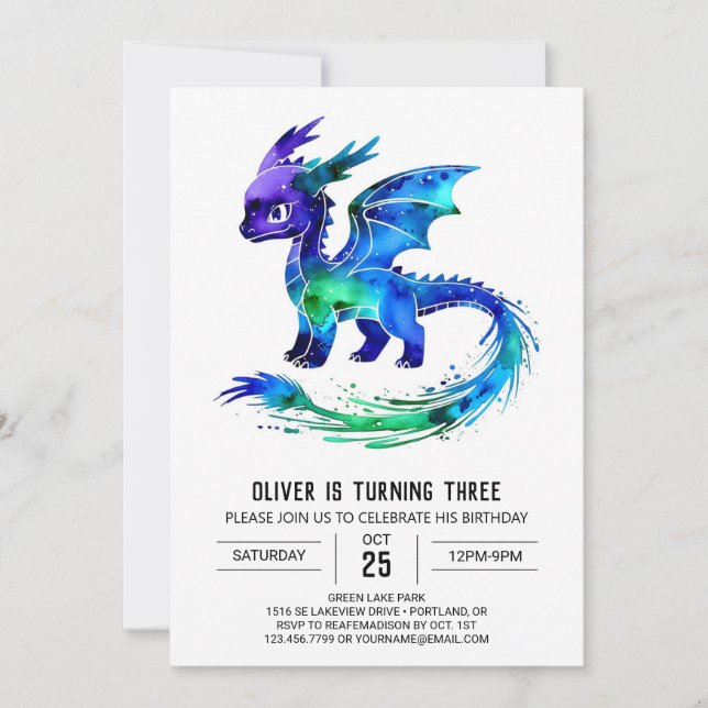 Invitación Nacimiento del niño digital del dragón morado edit (Anverso)