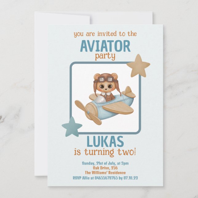 Invitación Nacimiento del niño Fiesta Aviador de Oso Bebé (Anverso)