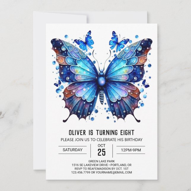 Invitación Nacimiento del niño mariposa de la Moda azul (Anverso)