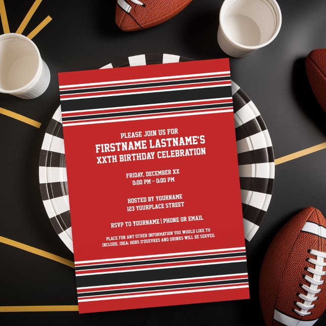 Invitación Nacimiento del nombre de Jersey de Red Black Team (Birthday Party Invitation - Sports Theme - Football Party Invitation)
