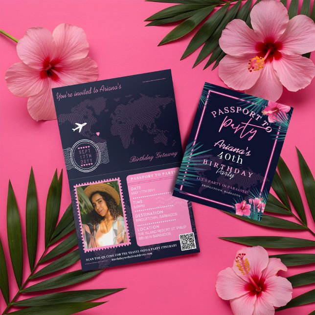 Invitación Nacimiento del pasaporte tropical neón rosado (Neon Pink Tropical Passport Destination Birthday Invitation)