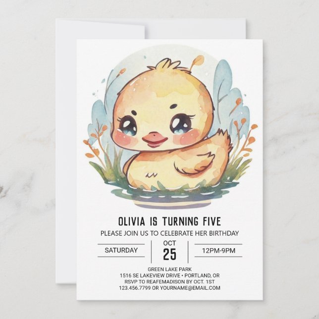 Invitación Nacimiento del Pato de los Niños de Acuarela (Anverso)