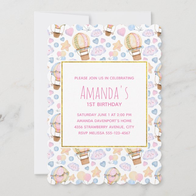 Invitación Nacimiento del patrón de acuarela del globo aerost (Anverso)