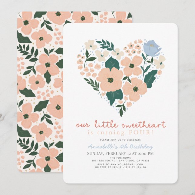 Invitación Nacimiento del pequeño Chica floral rosado (Anverso / Reverso)