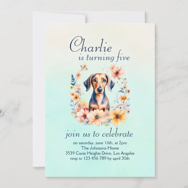 Invitación Nacimiento del perro Dachshund Floral (Anverso)