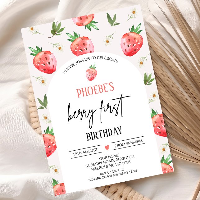 Invitación Nacimiento del primer día de fresa del Daisy Rojo  (Modern Berry First Birthday Invitation, Strawberry Strawberries Red Pink Arch Daisy 1st Birthday)