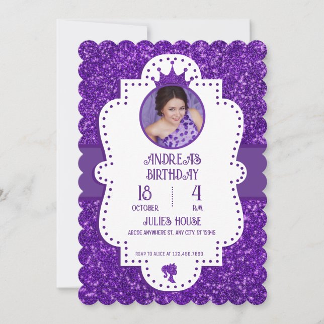 Invitación Nacimiento del purpurina morado (Anverso)
