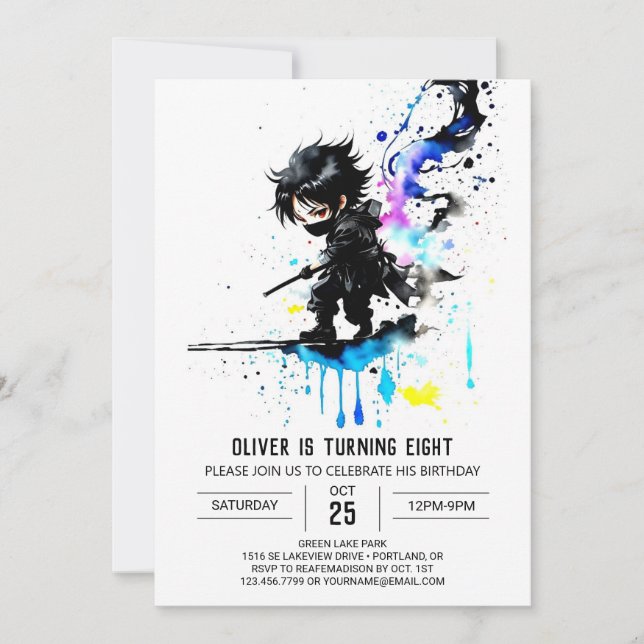 Invitación Nacimiento digital de Ninja Boy editable (Anverso)