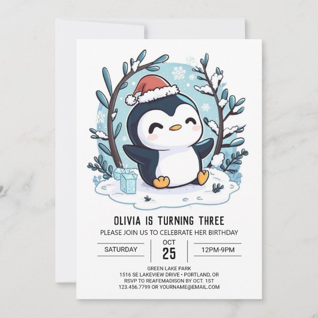 Invitación Nacimiento digital de pingüino con encanto de niev (Anverso)