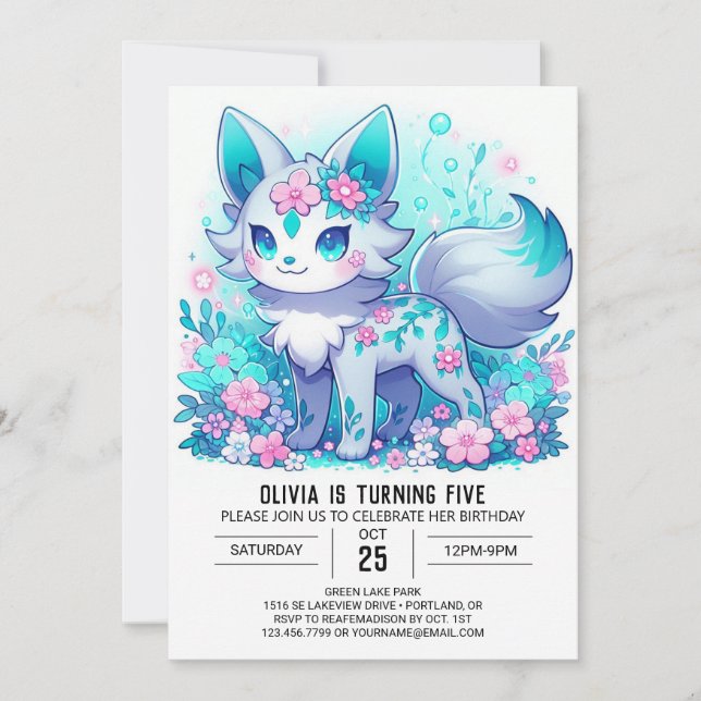 Invitación Nacimiento digital simple del lobo floral (Anverso)