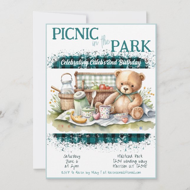 Invitación Nacimiento en el Parque Green Plaid Boys Cumpleaño (Anverso)