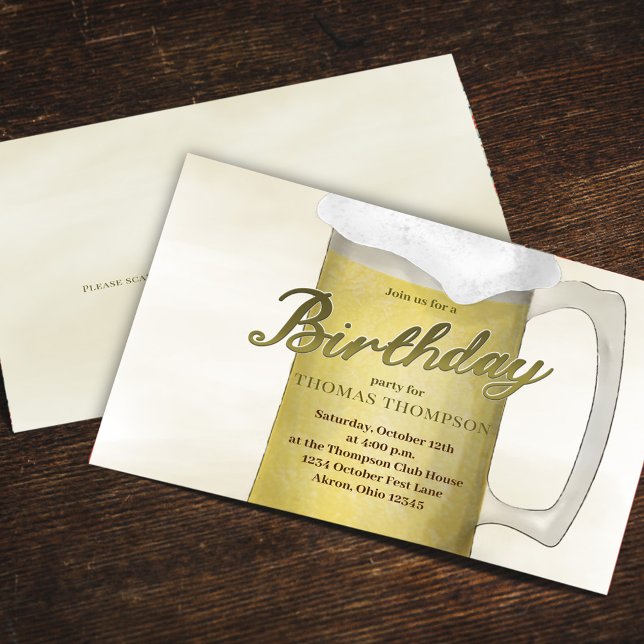 Invitación Nacimiento Fiesta Acuarela Dorada Cerveza QR Códig (Birthday party golden lager beer glass invitation )