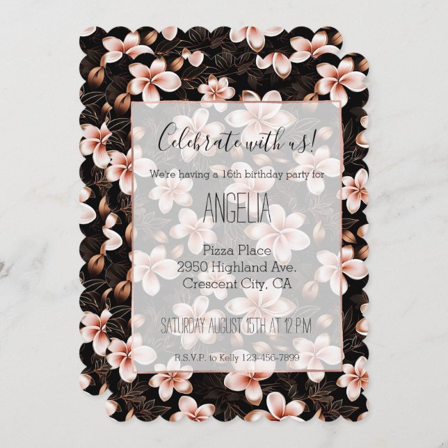 Invitación Nacimiento floral Black Rubor Pink Rose Gold (Anverso / Reverso)