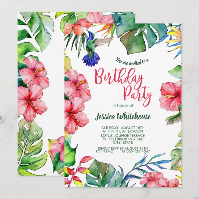 Invitación Nacimiento floral de acuarela tropical hawaiana (Anverso / Reverso)